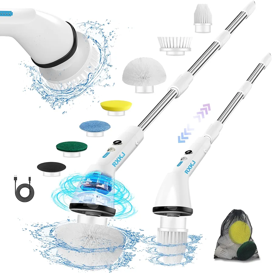 Electric Spin Scrubber - Cordless Cleaning Brush, Electric Cleaning Brush with 6 Replaceable Brush Heads, Shower Scrubber with Adjustable Handle, Household Electric Shower Brush for Bathroom/Tile