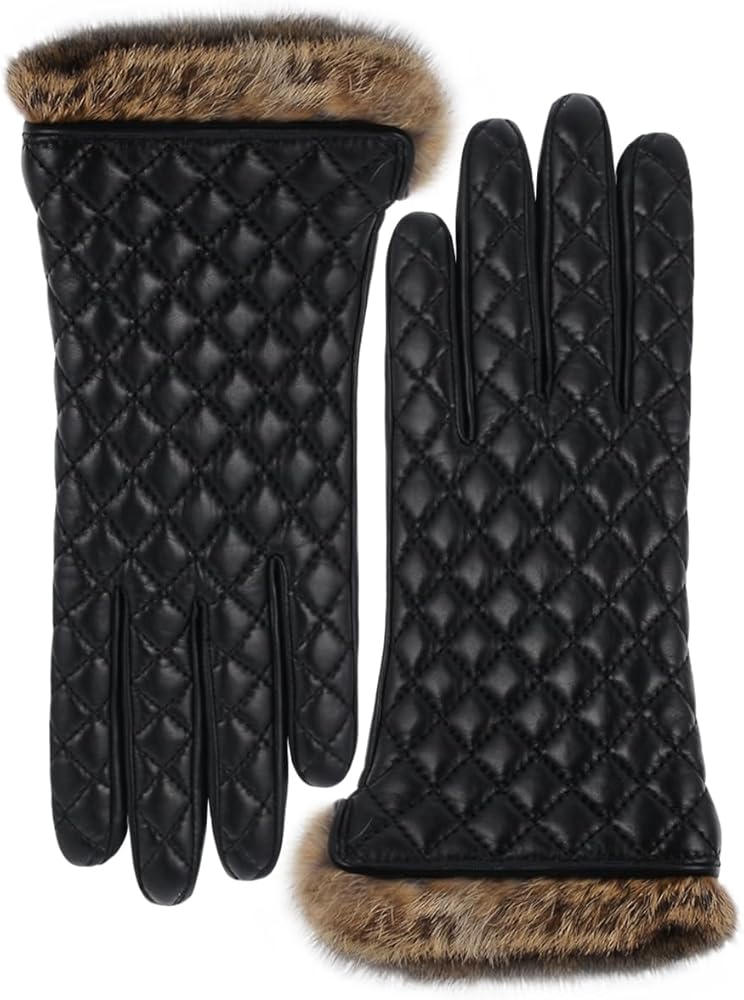 VIKIDEER Winter Warm Cashmere Lining Rabbit Fur Cuffs Leather Gloves for Women Touchscreen Cashmere Lined