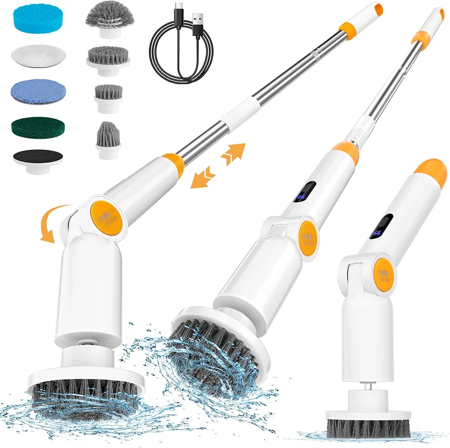 Electric Spin Scrubber, Shower Scrubber with 8 Replaceable Brush Heads, IPX7 Waterproof Cordless Electric Scrubber, Adjustable Spin Brush for Cleaning Bathroom, Kitchen