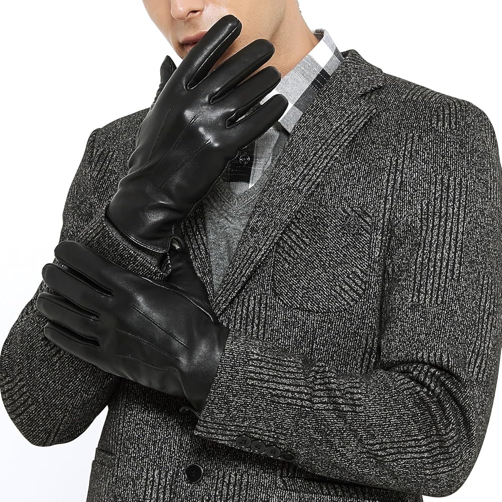 ZLUXURQ Luxury Mens Leather Gloves Cashmere Lined-Soft Comfortable Lambskin Touchsreen