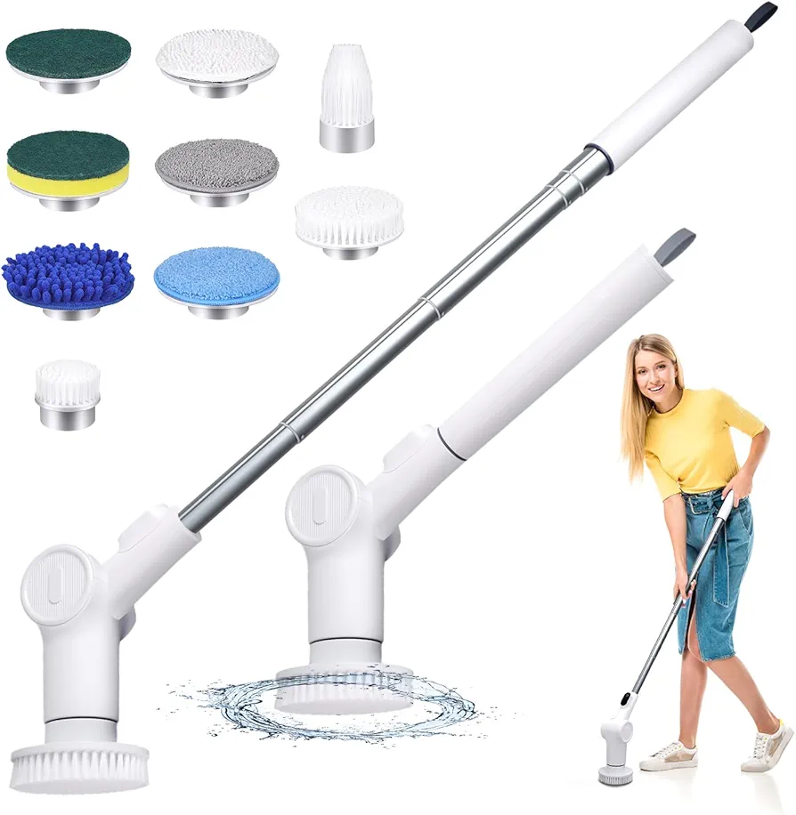 Electric Spin Scrubber Cordless Powerful Scrub Brush with 9 Replaceable Brush Heads for Cleaning Bathroom, Kitchen, Shower Tub and Floor Tile with Adjustable Extension Long Handle-White