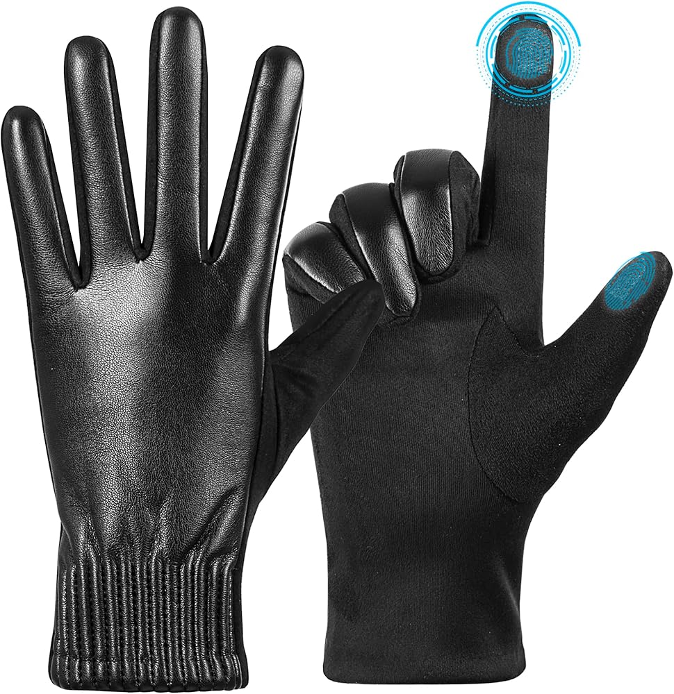 QOF Winter Fashion Leather Gloves for Women,Finger Touchscreen Wool Lined Windproof Warm Suede Driving Gloves