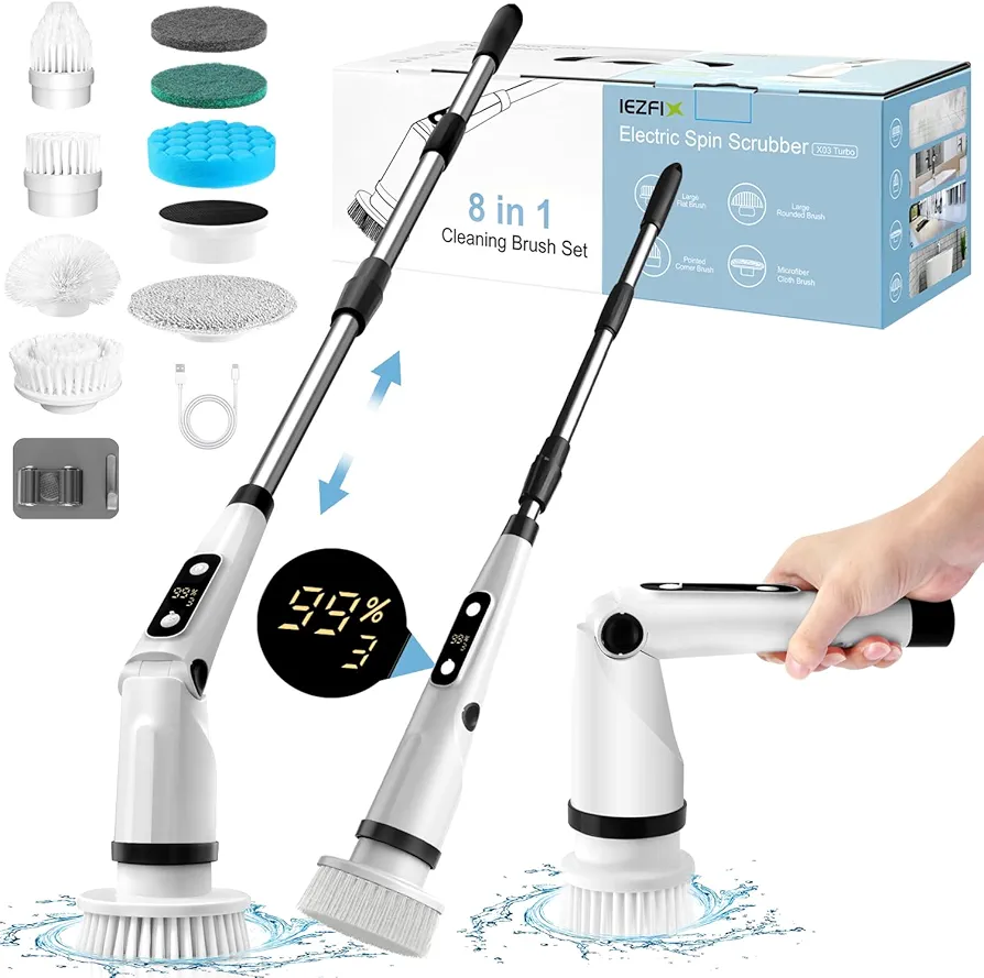 Electric Spin Scrubber Cleaning Brush Bathroom Shower Power Scrubber, Tub Tile Floor Window Cleaner with Telescopic Rod, Spinning Scrub Brushes, 3 Adjustable Speeds, X03 Turbo Black