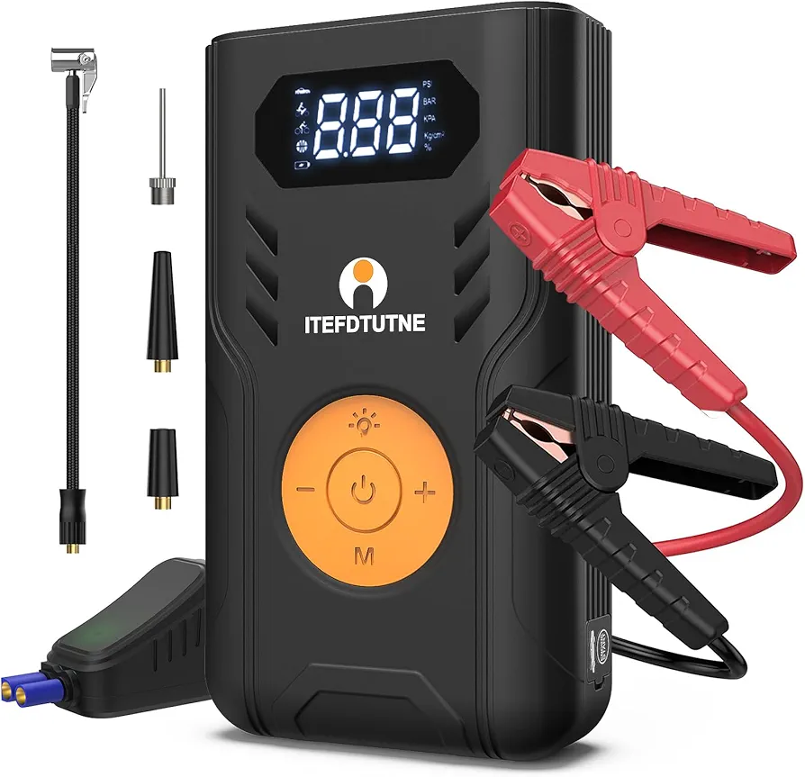 Car Battery Jump Starter with Air Compressor, 3000A/120PSI Car Battery Jumper Starter with Digital Tire Inflator (10.0 Gas/8.0L Diesel), 12V Jump Box with Large LCD Display, Lights