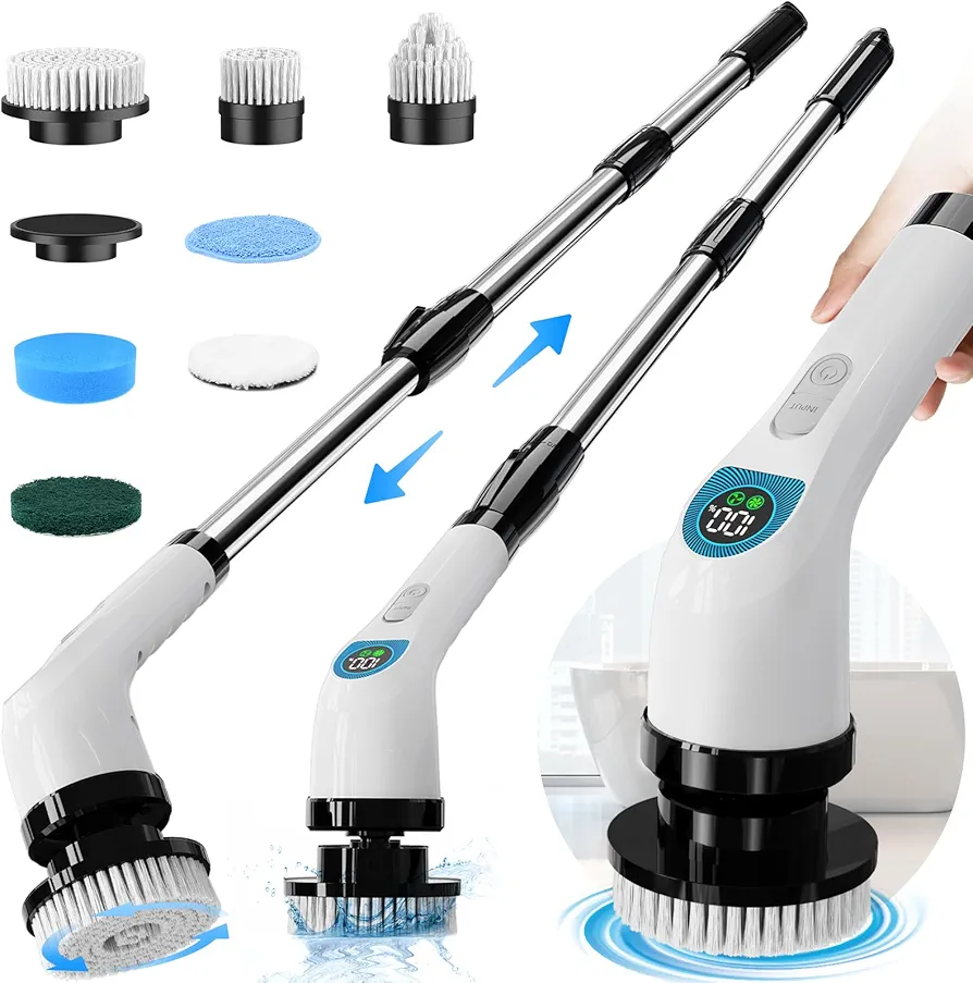 Electric Spin Scrubber, Cordless Cleaning Brush with 10 Cleaning Tools, 2H Long Battery Life, Adjustable Handle, IPX7 Waterproof Power Scrubber for Bathroom, Tub, Tile, and Car Cleaning