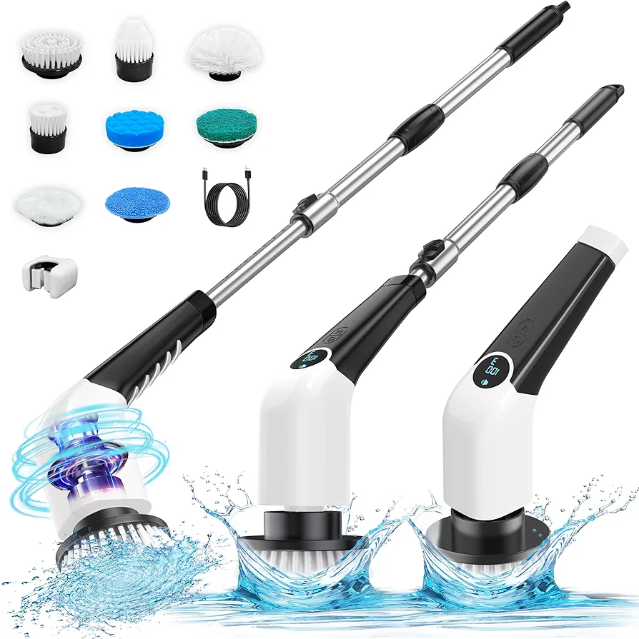 Bathroom Scrubber Electric Electric Spin Scrubber with 8-in-1 Replaceable Brush Heads Electric Brush Cleaner for Bathroom with Power LCD Display, 3 Adjustable Speed