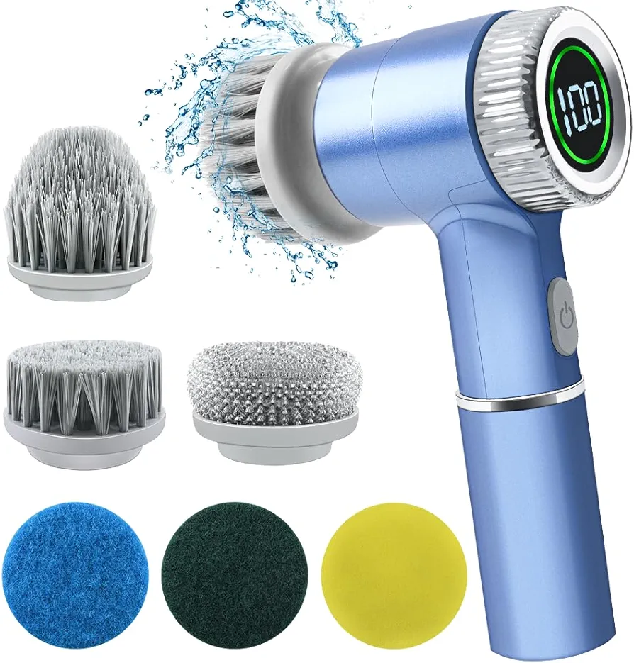 Cordless Electric Spin Scrubber, Electric Scrubber for Cleaning, Cordless Shower Scrubber, Battery Display,6 Replaceable Heads for Tile/Bathtub/Floor/Sink/Stove/Aquarium/Shoes/Car-Blue