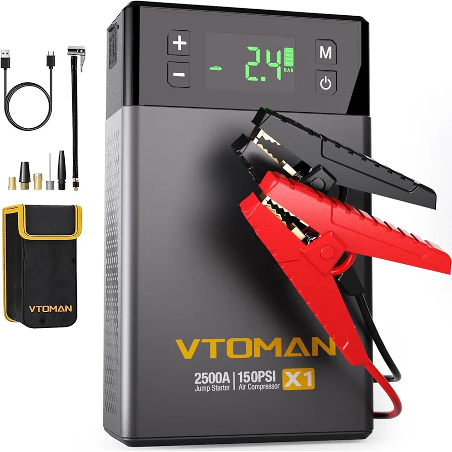 VTOMAN X1 Jump Starter with Air Compressor, 2500A Portable Battery Booster(Up to 8.5L Gas/6L Diesel Engines) with 150PSI Digital Auto Tire Inflator, 12V Car Lithium Battery Jump Box Pack Power Charger