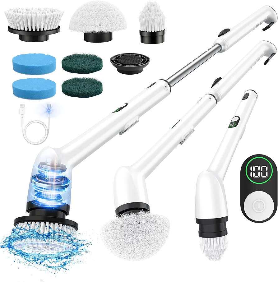 LyriFine Electric Spin Scrubber with LED Display, LY7 Pro New Full-Body IPX7 Waterproof Bathroom Cleaning Brush, 7 Brush Heads Shower Scrubber with Long Handle, Dual Speed for Bathtub Tile Floor-Black