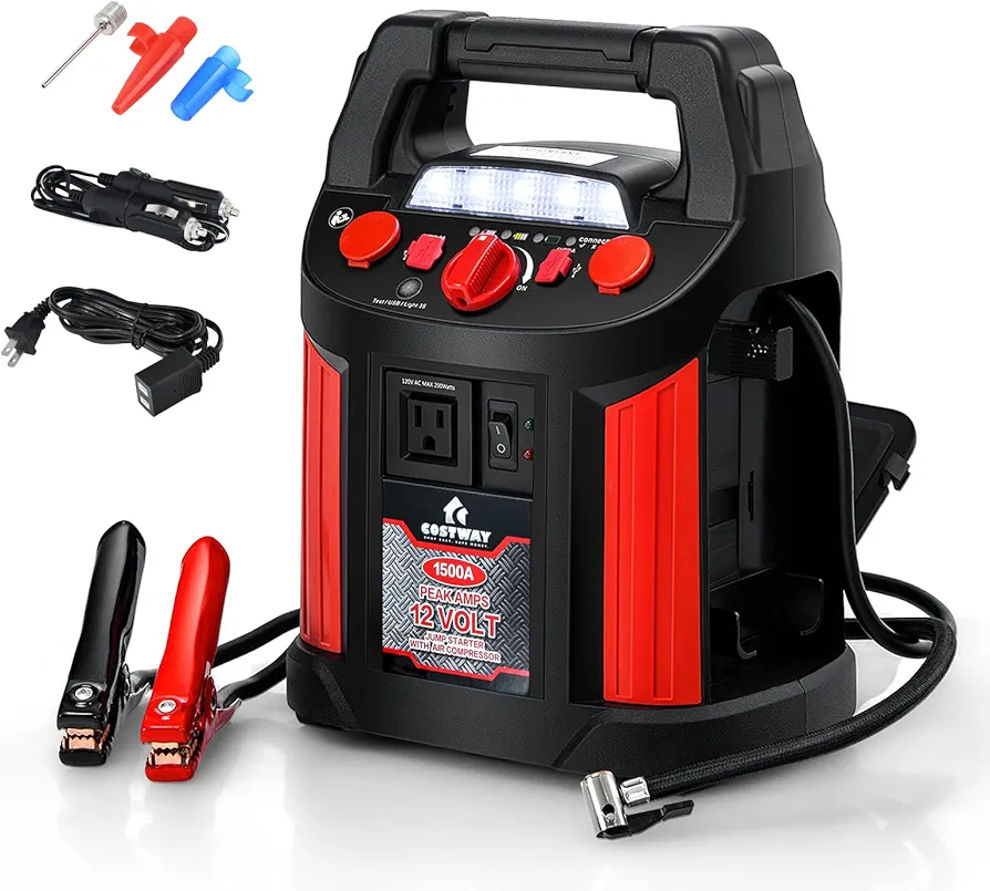 Goplus Jump Starter 1500 Peak/700 Instant Amps, 180 PSI Air Compressor Portable Power Bank Charger with 2 USB Ports Smart Clamps and LED Flashlight