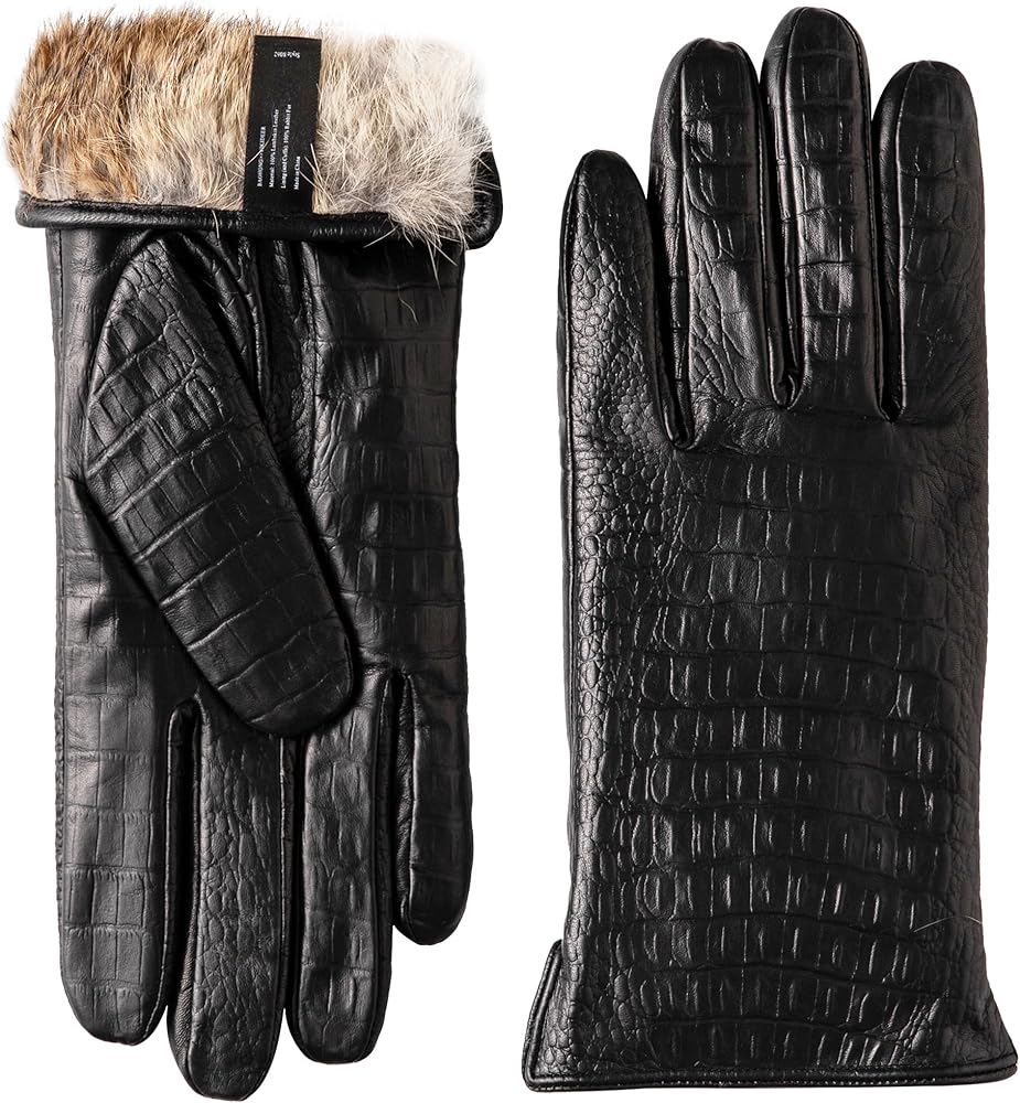 OXCMME Super Warm Fur Lined Leather Gloves Women Imprint Crocodile Pattern Lambskin Touchscreen Driving Gloves