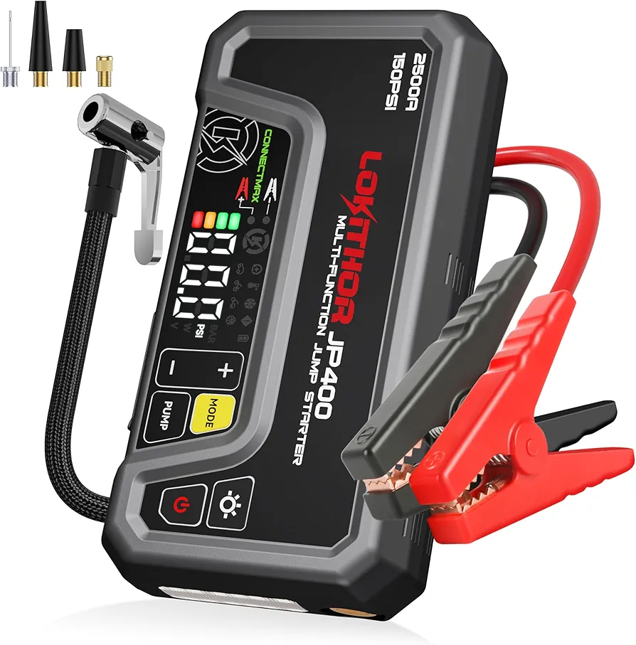 JP400 Jump Starter with Air Compressor, 2500A 12V Portable Car Battery Booster Pack for Up to 8.5L Gas or 6.5L Diesel, 150 PSI Cordless Tire Inflator, Auto Pump with Digital Pressure Gauge