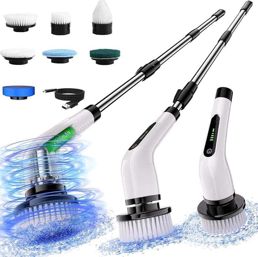 Electric Spin Scrubber, Full Body Waterproof Cordless Cleaning Brush with 7 Replaceable Brush Heads Power Scrubber Shower Adjustable & Detachable Handle for Bathroom, Tub, Tile, Floor, Car