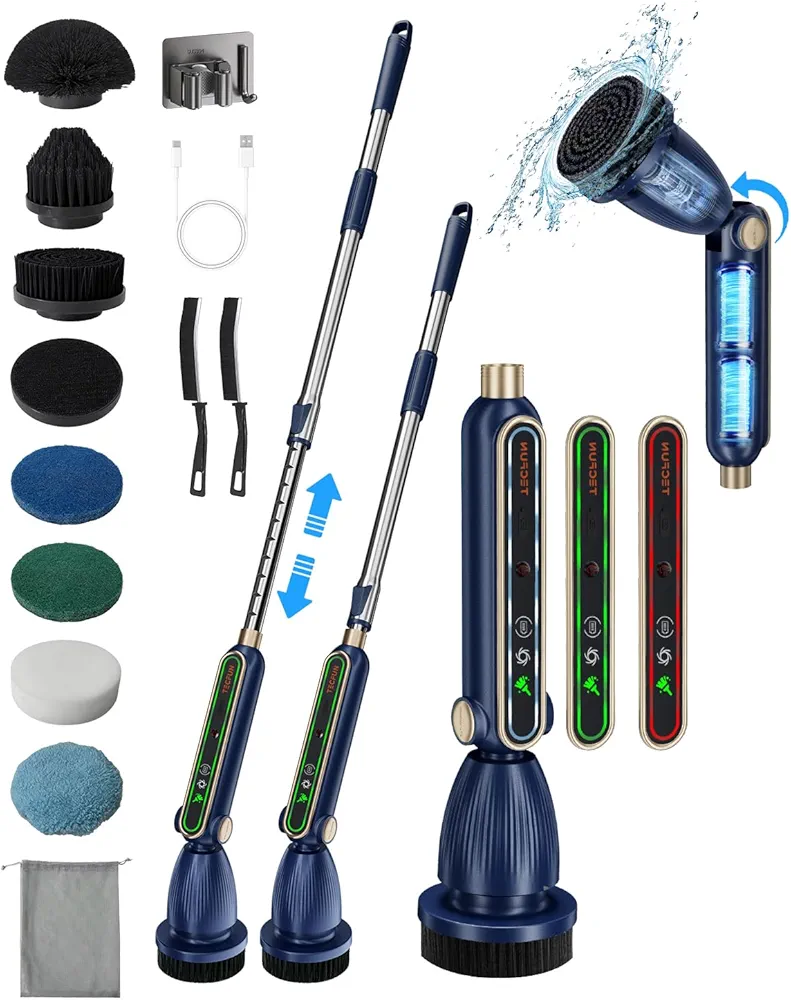 Electric Spin Scrubber 16 in 1 Cleaning Brush with Adjustable Angles & Heads, Bathroom Power Scrubber with Extendable Handle, Interactive LED, Cleaning Supplies for Toilet,Kitchen,Shower-Blue