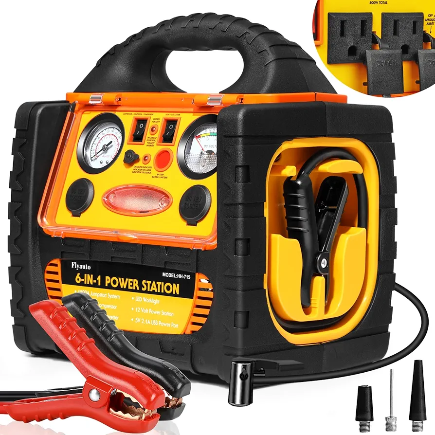 6 in 1 Jump Starter for Up to 6.0L Gas or 5.0L Diesel Engine,Upgraded 1800 Peak Amp 12V Auto Battery Car Starter with Air Compressor 260 PSI Tire Inflator,400 Watt Inverter AC/DC/USB Outlets