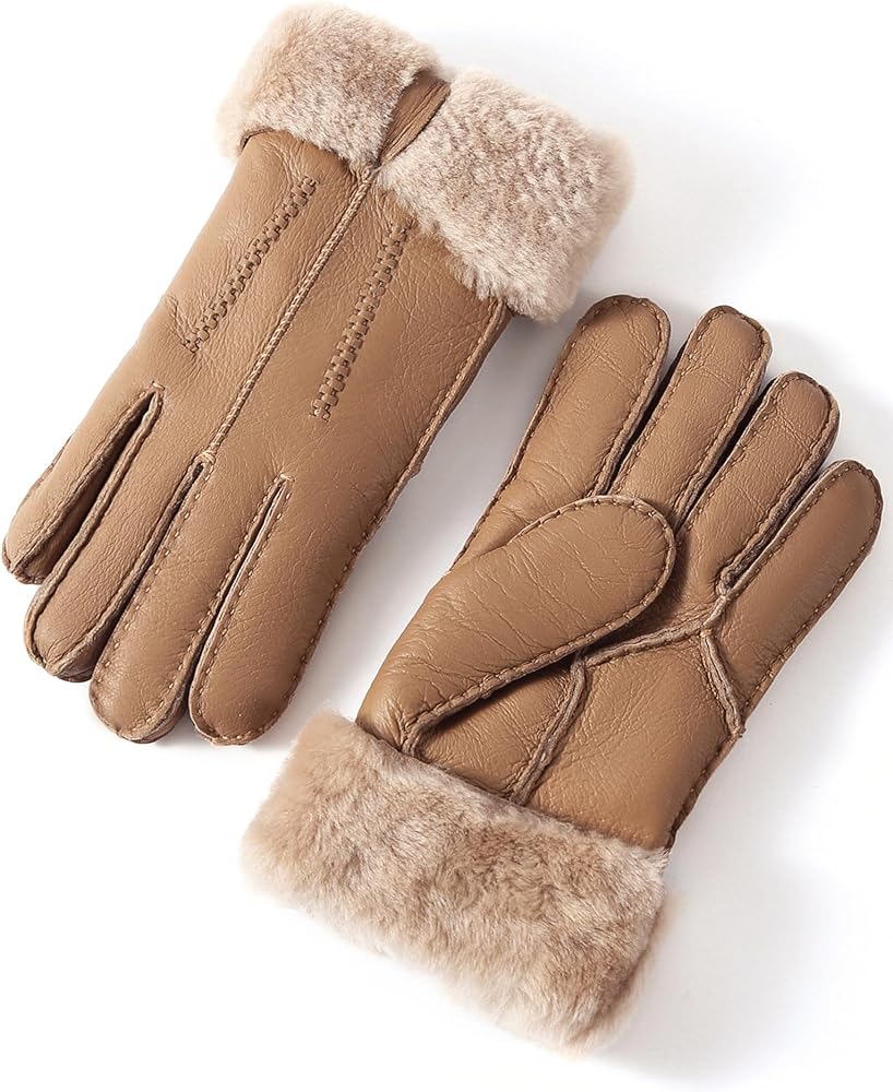 YISEVEN Women's Winter Sheepskin Shearling Leather Gloves Wing Cuffs