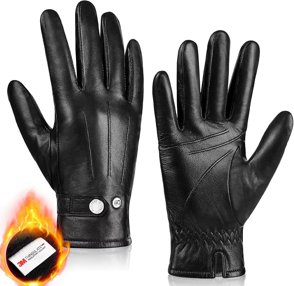 Genuine Sheepskin Leather Gloves for Men, Winter Warm Touchscreen Gloves Thinsulate Lined, Driving Motorcycle Gloves