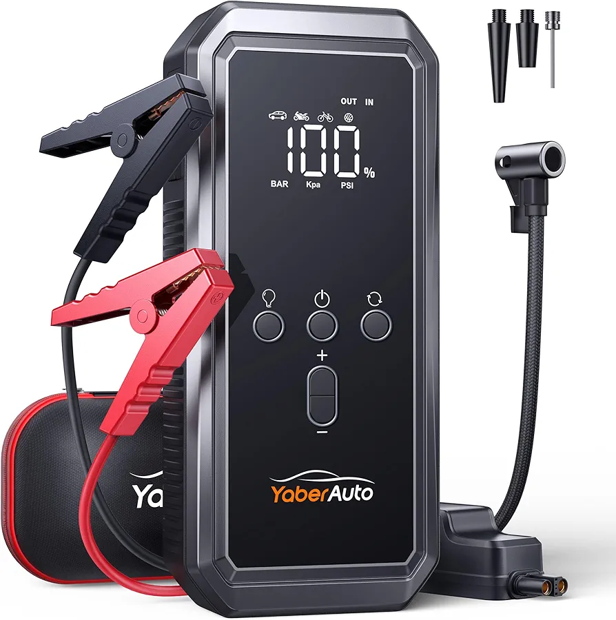 Portable Car Jump Starter with Air Compressor, YaberAuto 150PSI 4500A Car Battery Jump Starter (9.0 Gas/8.0L Diesel), 12V Jump Box Car Battery Jumper Starter with Large LCD Display, Lights