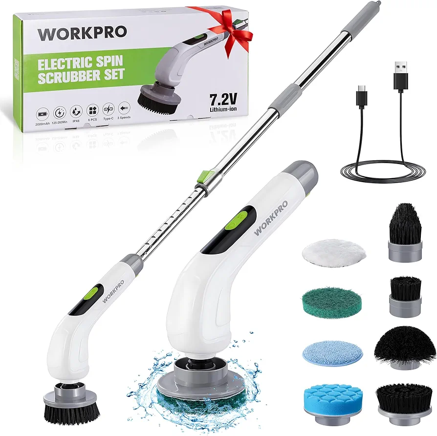 WORKPRO Electric Spin Scrubber, Cordless Cleaning Brush, Shower Scrubber with Long Adjustable Handle & 3-Speed, 8 Replaceable Brush Heads, Spin Brush for Cleaning Kitchen, Bathroom, Bathtub, and Floor