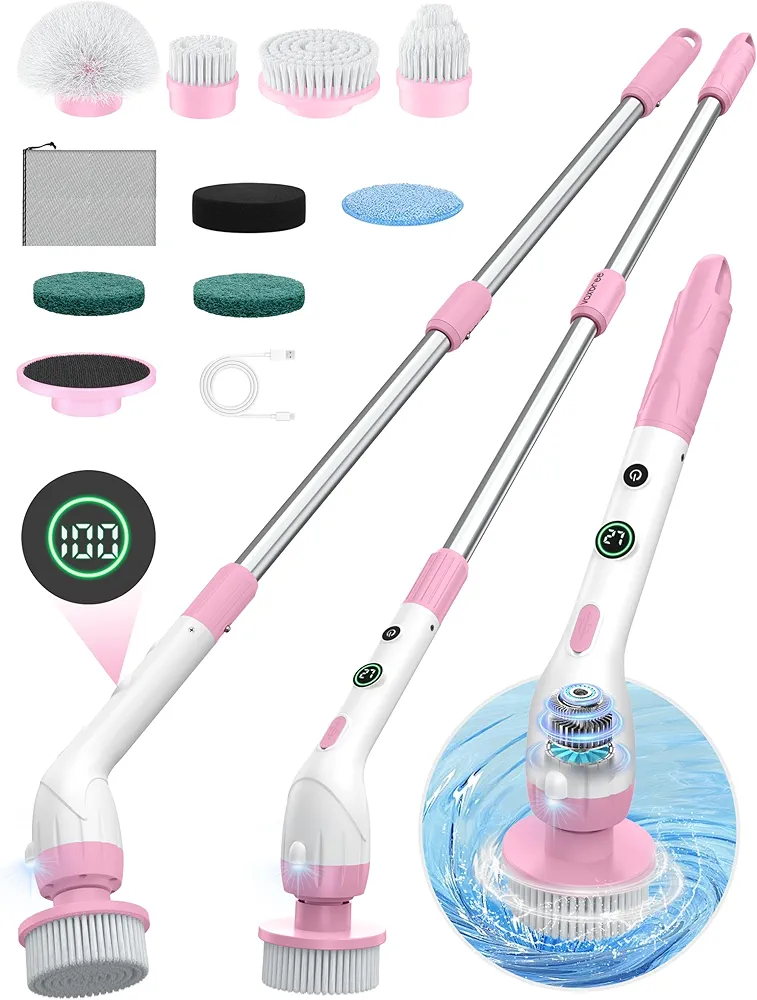 Electric Spin Scrubber, IPX7 Waterproof LED Display, 2 Speeds/90Mins Work Time, 8 Brush Heads, Power Scrubber Adjustable Extension Handle for Bathroom Tub Tile - Pink