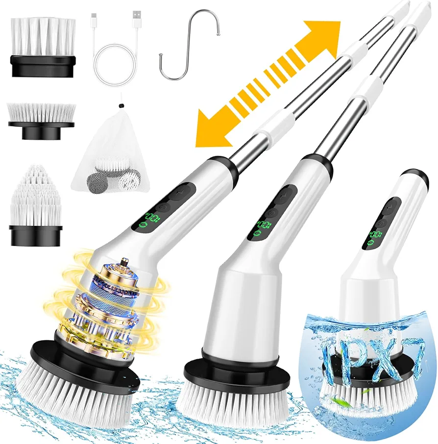 Electric Spin Scrubber for Cleaning Bathroom, Shower Scrubber Cordless Cleaning Brush with IPX7 Waterproof & 2 Speed, 3 Brush Heads, Bathroom Cleaning Supplies for Shower Tub Kitchen Tile Toilet White