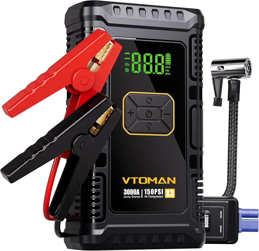 VTOMAN X3 Jump Starter with Air Compressor, 3000A Car Jump Starter Battery Pack with 150PSI Tire Inflator,12V Battery Jumper Starter Portable Jump Box(8.5L Gas/6L Diesel)with Large LCD Display, Lights