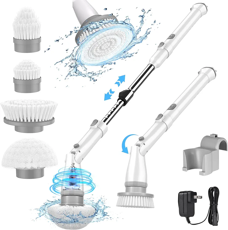 kHelfer Electric Spin Scrubber, Power Shower Scrubber with Multiple Replacement Head, 1.5H Bathroom Scrubber Dual Speed, Shower Cleaning Brush with Extension Arm for Bathtub Grout Tile