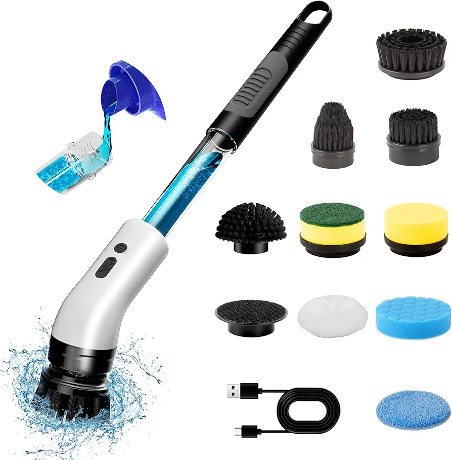 IAGREEA 9 in 1 Electric Spin Scrubber with 9 Replaceable Brush Heads, Shower Power Scrubber with Storage Bottle, Bathroom Scrubber, Automatic Scrubber with 2 Adjustable Speeds, Type-c Charging