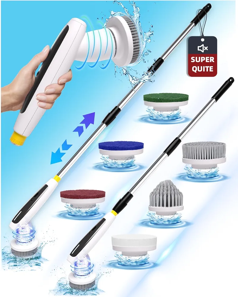 Electric Spin Scrubber, Quiet Bathroom Cleaner Brush, 2024 New Shower Scrubber with Long Handle, Cordless Cleaning Brush with Dual Speeds, Cleaning Supplies for Tub Shower Tile Floor