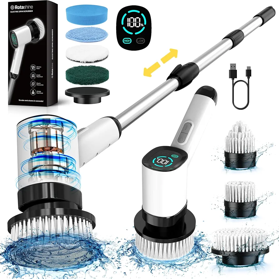 Electric Spin Scrubber - Electric Scrubber for Cleaning with 7 Replaceable Heads - Full-Body Waterproof Tub Scrubber with Long Handle - Electric Brush Cleaner for Bathroom