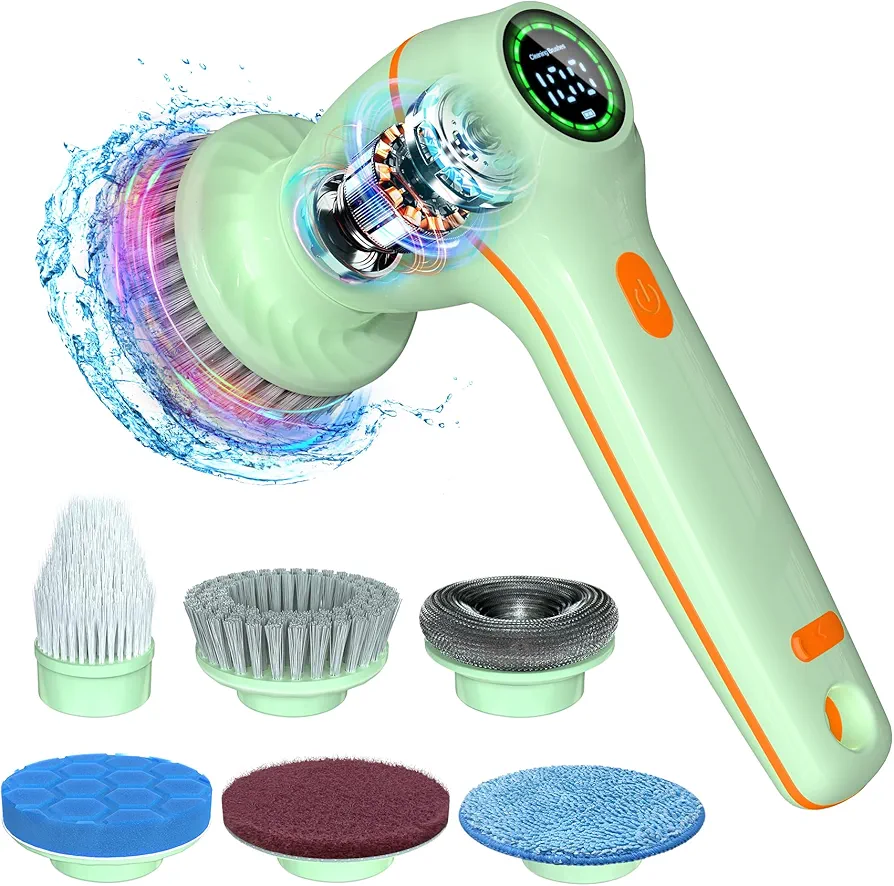 Electric Spin Scrubber, Cordless Cleaning Brush with LED Display, 6 Replaceable Brush, Handheld Power Shower Scrubber for Cleaning Floors, Windows, Bathtubs, Sink, Buffer Pad for Car, Tile Polishing