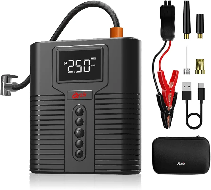 Arzin STP12 1200A Peak Portable Air Compressor with Jump Starter, 12000 mAH battery, 150 PSI with digital tire Inflator, Powerbank, Car booster for 8L Gas or 5L Diesel Engines