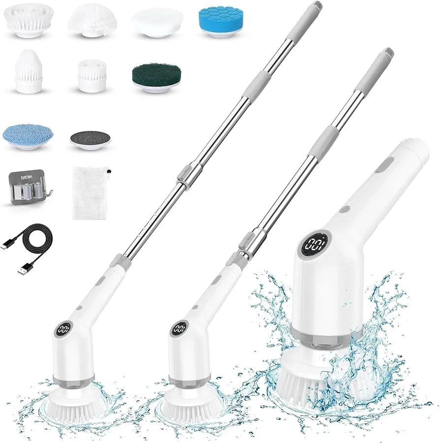 Electric Spin Scrubber, New 9 in 1 Electric Cleaning Brush Up to 450RPM Cleaning, Power Scrubber with 8 Replaceable Brush Heads and Extension Arm, Shower Scrubber for Bathroom, Car, Floor (White)