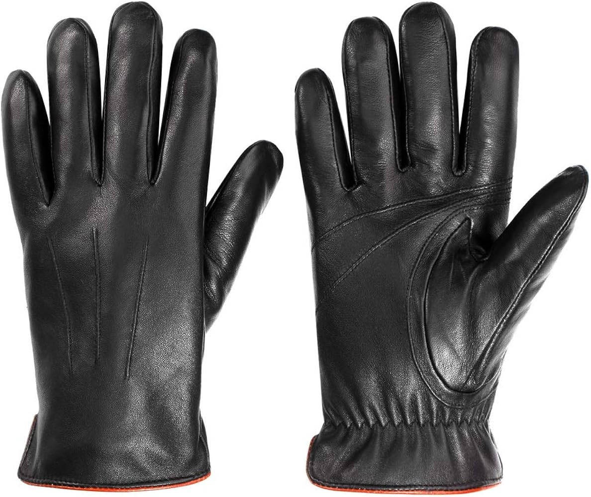 Sheepskin Leather Gloves for Men, Winter Warm Touchscreen Gloves, Black Leather Gloves for Driving Motorcycle