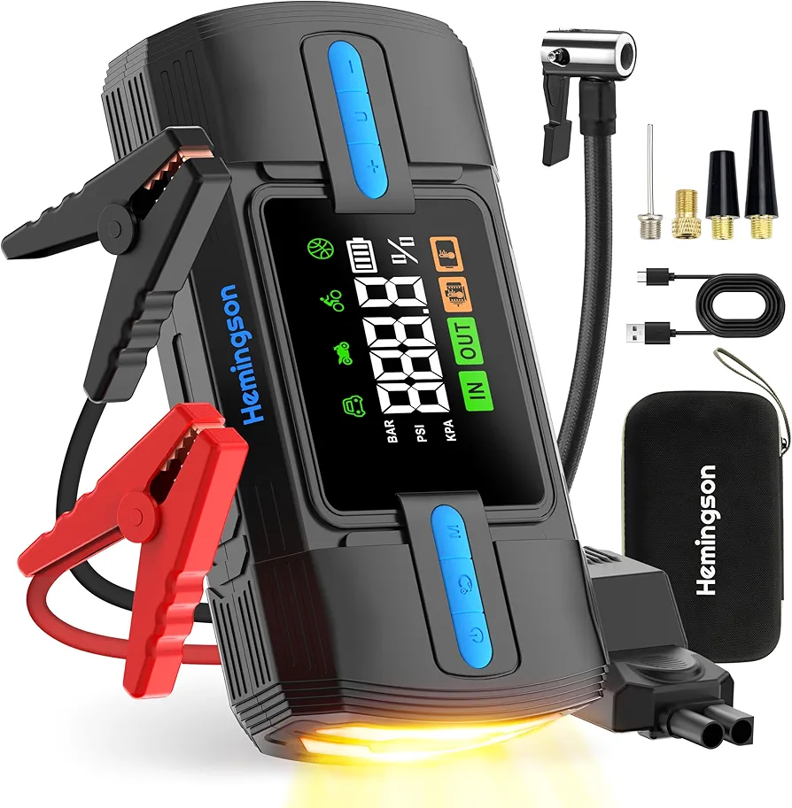 Jump Starter with Air Compressor, 3000A 160PSI Car Battery Jump Starter for 9.0L Gas & 8.0L Diesel Engines, 12V Portable Car Jumper with LCD Display & 4-Mode LED Flashlight