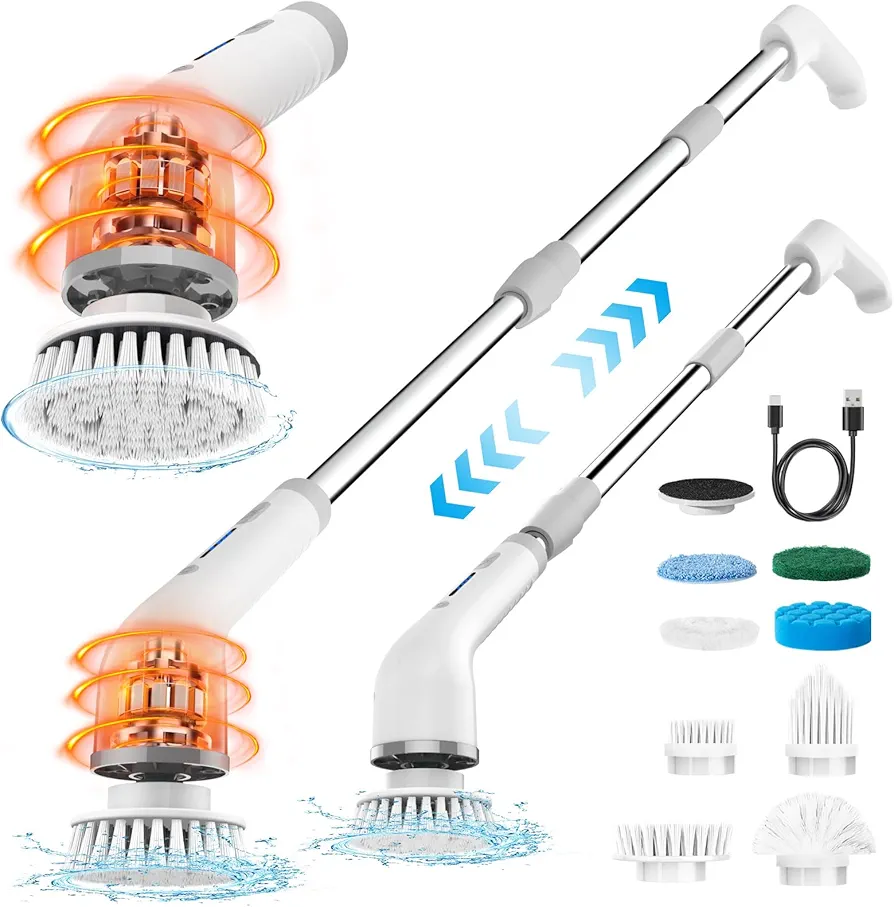 MoKo Electric Spin Scrubber, 490RPM Cordless Shower Scrubber with 9 Replaceable Brush Heads and Adjustable Extension Long Handle,Electric Scrubber for Cleaning Bathroom Tub Grout Floor Wall Sink Tile