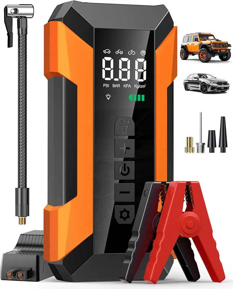 Jump Starter with Air Compressor, 3000A Car Battery Jump Starter Portable (8.0 Gas/7.0L Diesel), 12V Jump Start Battery Pack Jump Box with Smart Jumper Cables, Tire Inflator, LED Light (Orange)