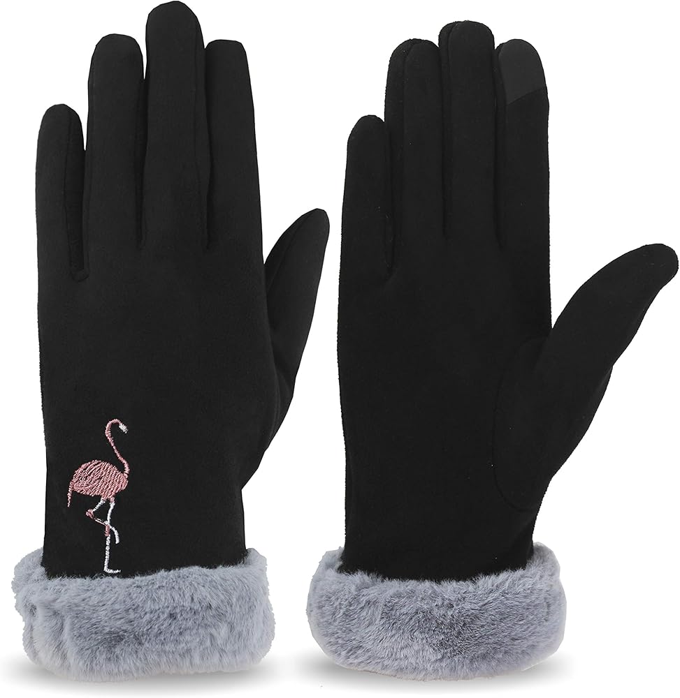 Muryobao Women's Winter Gloves Suede Touch Screen Fleece Warm Windproof Glove Plush Cuff