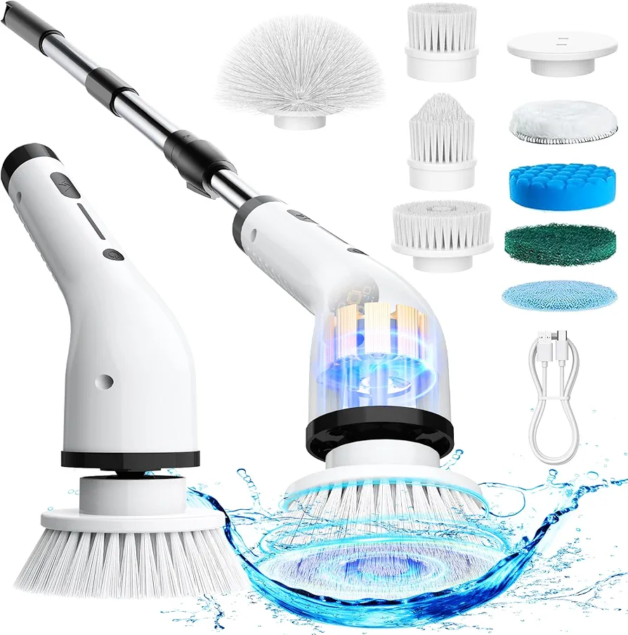 Electric Spin Scrubber for Cleaning, Cordless IPX5 Waterproof Shower Scrubber Brushes with 9 Head, 1.5H Power Dual Speed Bathroom Cleaning Brush with Extendable Handles for Kitchen Bathtub Floor