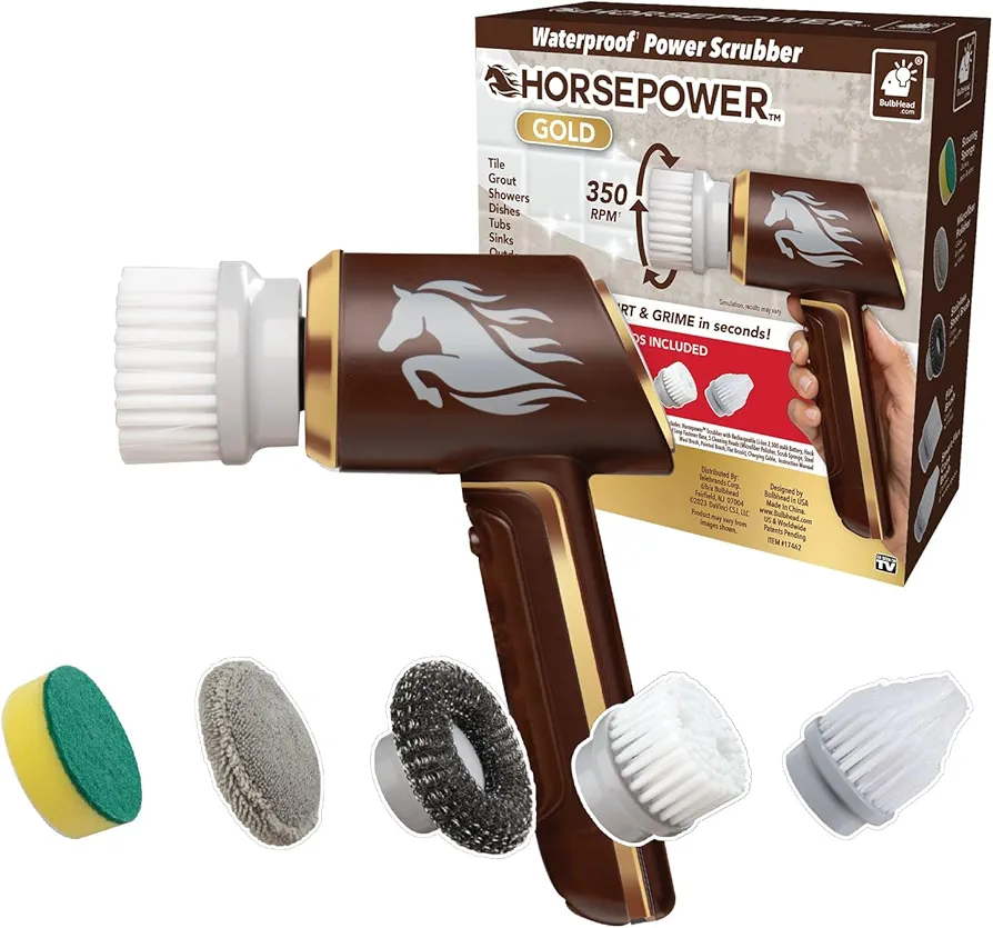 Horsepower Scrubber Gold Edition, Longer Battery Life, Electric Power, Rechargeable, Spins 350 RPM, Waterproof, 5 Brush Heads, AS-SEEN-ON-TV, Cleans Dirt & Grime: Bathrooms, Kitchen, Indoors/Outdoors