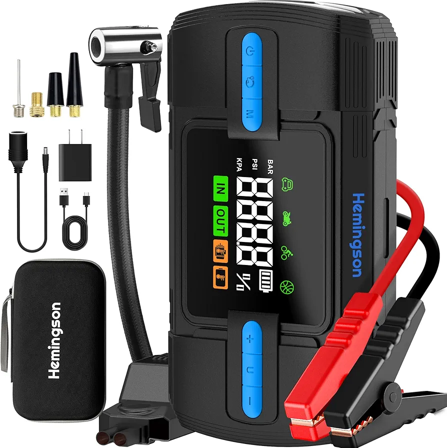 Car Jump Starter with Air Compressor, 4000A 160PSI Jump Starter Battery Pack for 12V Safe Car Jumper Box(All Gas & 10.0L Diesel Engine) with 5“ LCD Display, 4 Modes Flashight 600 Lumen, QC 3.0