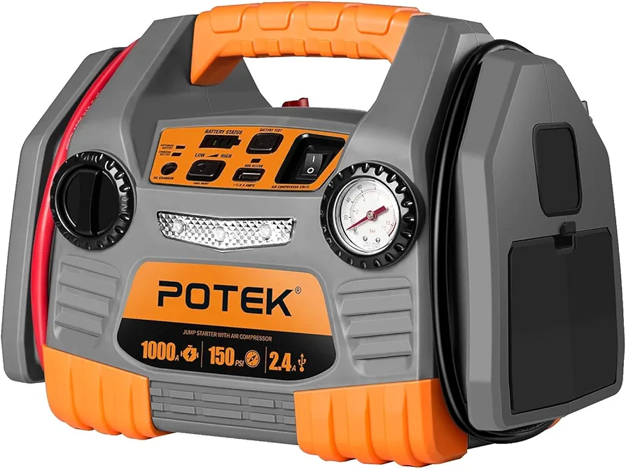 POTEK Car Jump Starter with 150 PSI Air Compressor,1000 Peak/500 Instant Amps with USB Port to Charge iPhone, Kindle