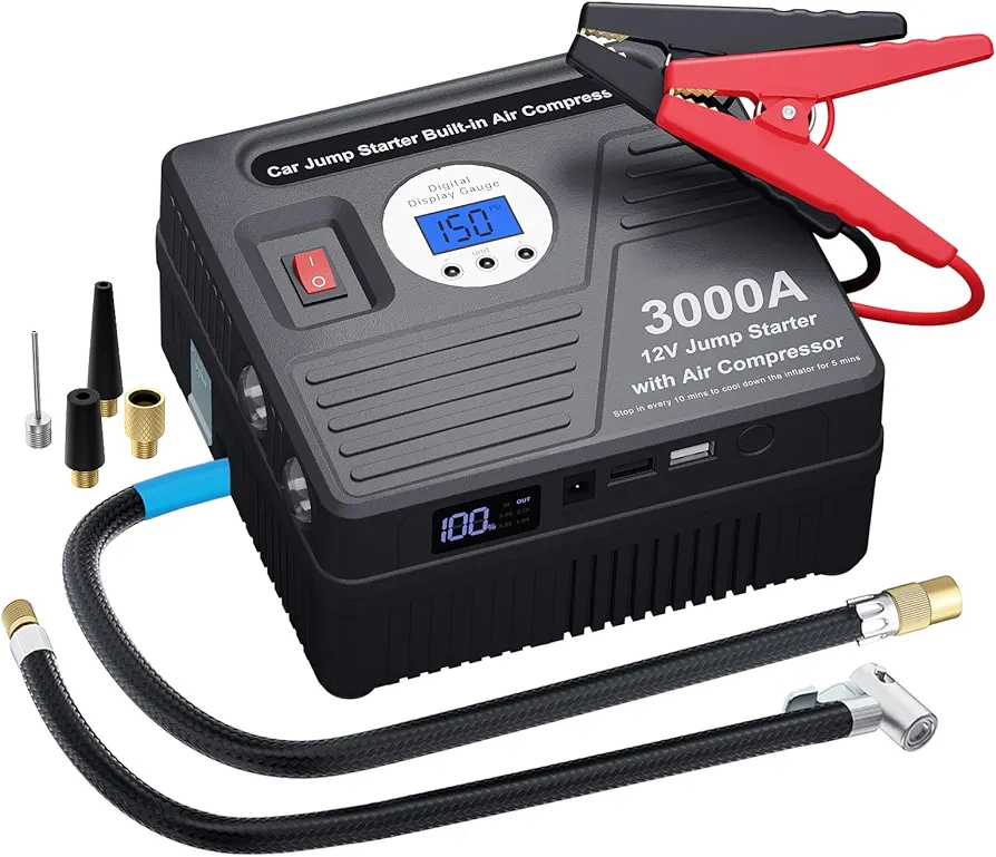 3000Amp Car Jump Starter with Air Compressor, 150PSI Tire Inflator with Digital Screen Pressure Gauge, 24000mAh 12V Auto Battery Booster (9.0L Gas/ 8.5LDiesel Engine), 2 USB Port 2 Light