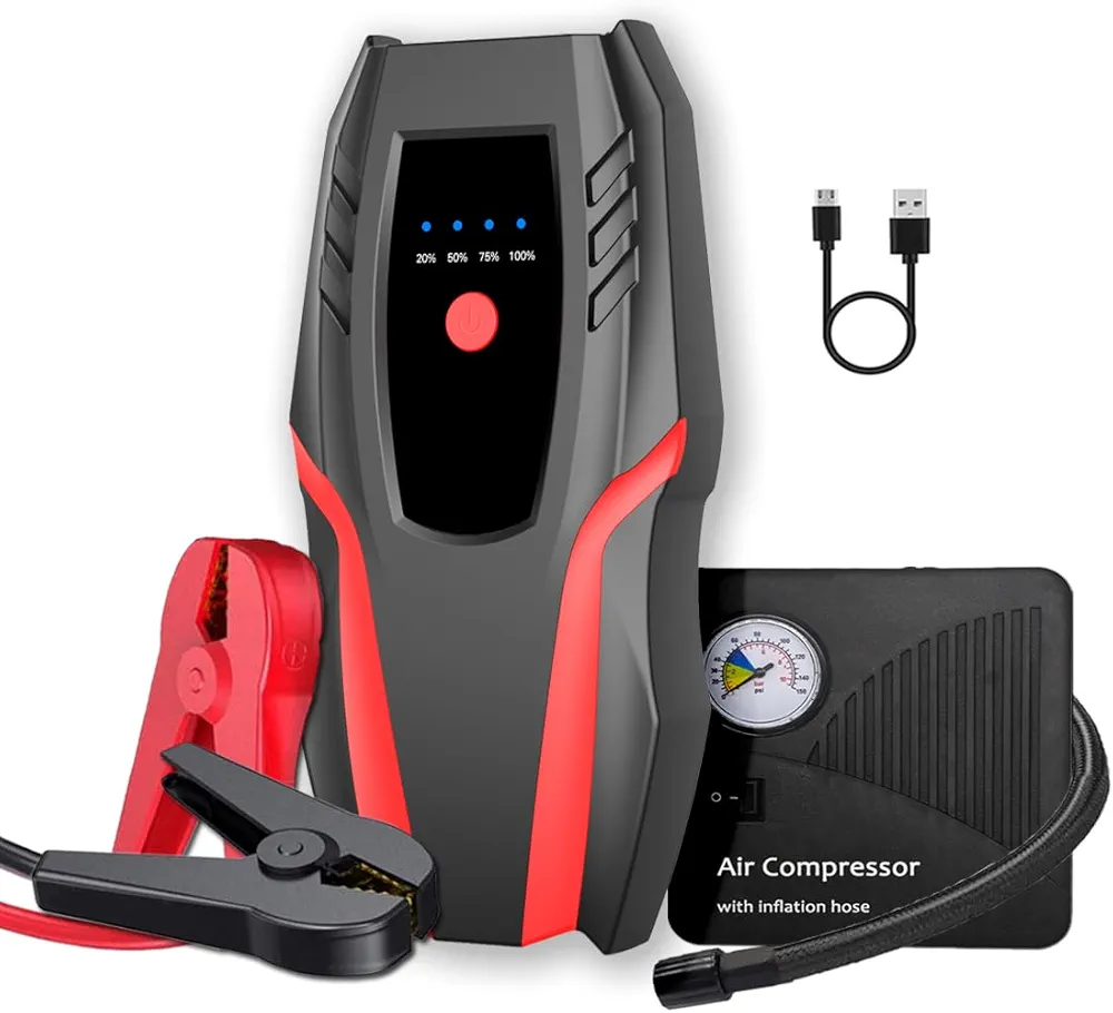 12v Auto Jump Starter Pack with Air Compressor, Peak Current 2000a, Car Lithium Battery Charger Jumper Box Tire Air Pump, Portable Power Bank for 8.0L Gas and 5.0L Diesel with Quick Charge