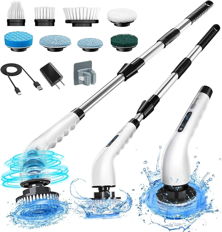 Electric Spin Scrubber Bathroom - Adjustable Handle Cordless Shower Scrubber, 2 Speeds, Bathroom Scrubber with 8 Replaceable Brush Heads, Power Scrubber for Bathtub Cleaning