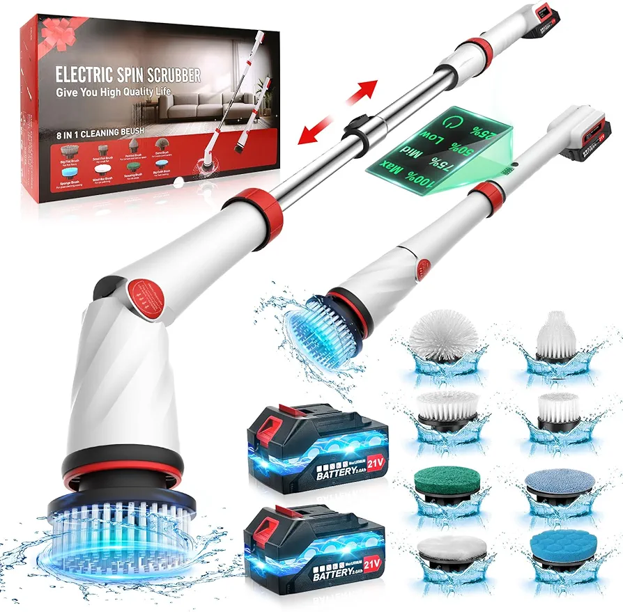 1200RPM Rechargeable Electric Spin Scrubber, 8 in 1 Electric Spin Scrubber Cordless Tub and Tile Scrubber, 2000mAh Battery Power Shower Scrubber 50-inch Long Handle for Cleaning Household Bathroom