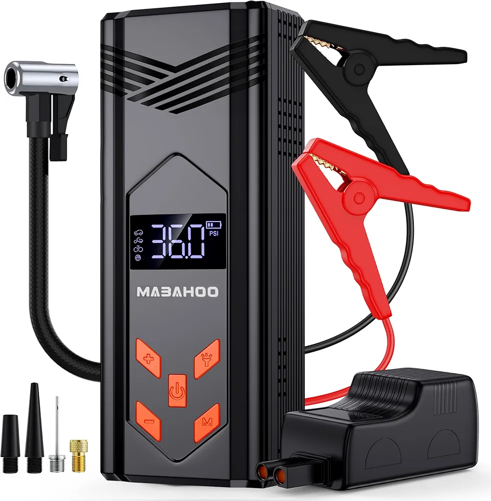 Portable Jump Starter with Air Compressor, 3000A Car Battery Jumper Starter Battery Pack, Jump Box for Car with 150PSI Auto Off Tire Inflator, 12V Car Battery Booster Pack with LCD Display, Light