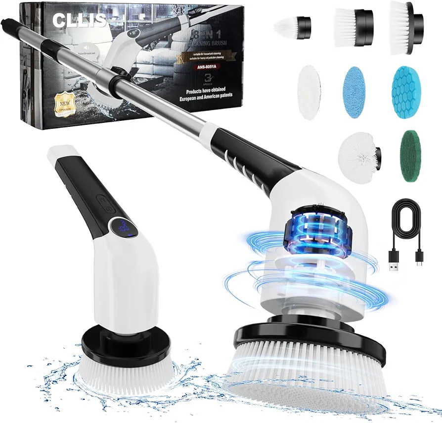 Electric Spin Scrubber, Shower Scrubber with Long Handle & 8 Replaceable Brush Heads, 3 Speeds Cleaning Brush Power Scrubber, Adjustable Extension Handle Spin Brush for Cleaning Bathroom,Tub