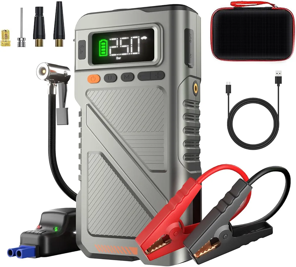 6000A Car Battery Jump Starter with Air Compressor, Portable Car Battery Jump Box with 150PSI Cordless Tire Inflator, 12V Jumper Starter Power Pack for All Gas/10L Diesel w/Extended Jumper Cable