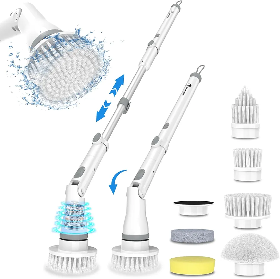 Electric Spin Scrubber, Adjustable Cordless 450RPM Power Shower Cleaning Brush with 6 Brush Heads, IP68 Waterproof Extension Handle for Bathroom Tub Kitchen Tile Floor Car